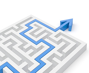 Solved maze puzzle close-up Solved maze puzzle with blue guidance line with arrow. Close-up render.