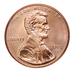 2008 penny with President Lincoln on a white background The smallest denomination US coin, with a nicely sculpted portrait of the great emancipator.
